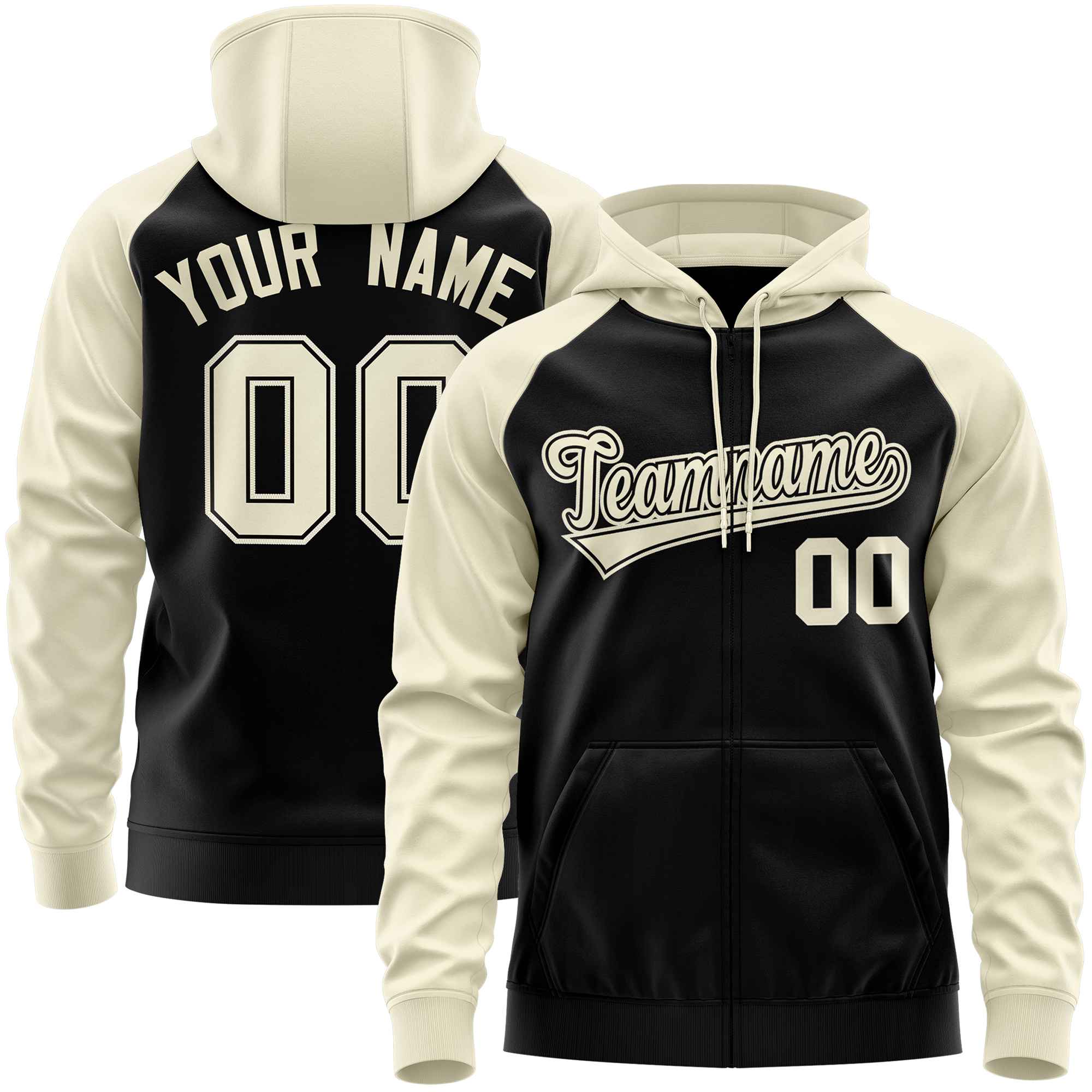 Custom Stitched Black Cream Raglan Sleeves Sports Full-Zip Sweatshirt Hoodie