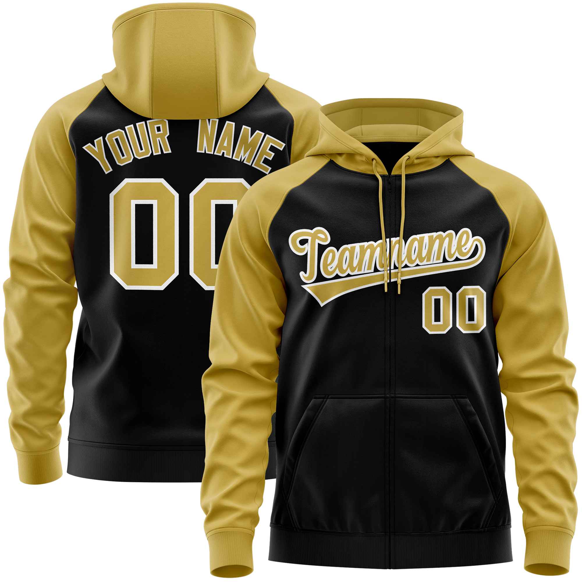 Custom Stitched Black Old Gold Raglan Sleeves Sports Full-Zip Sweatshirt Hoodie