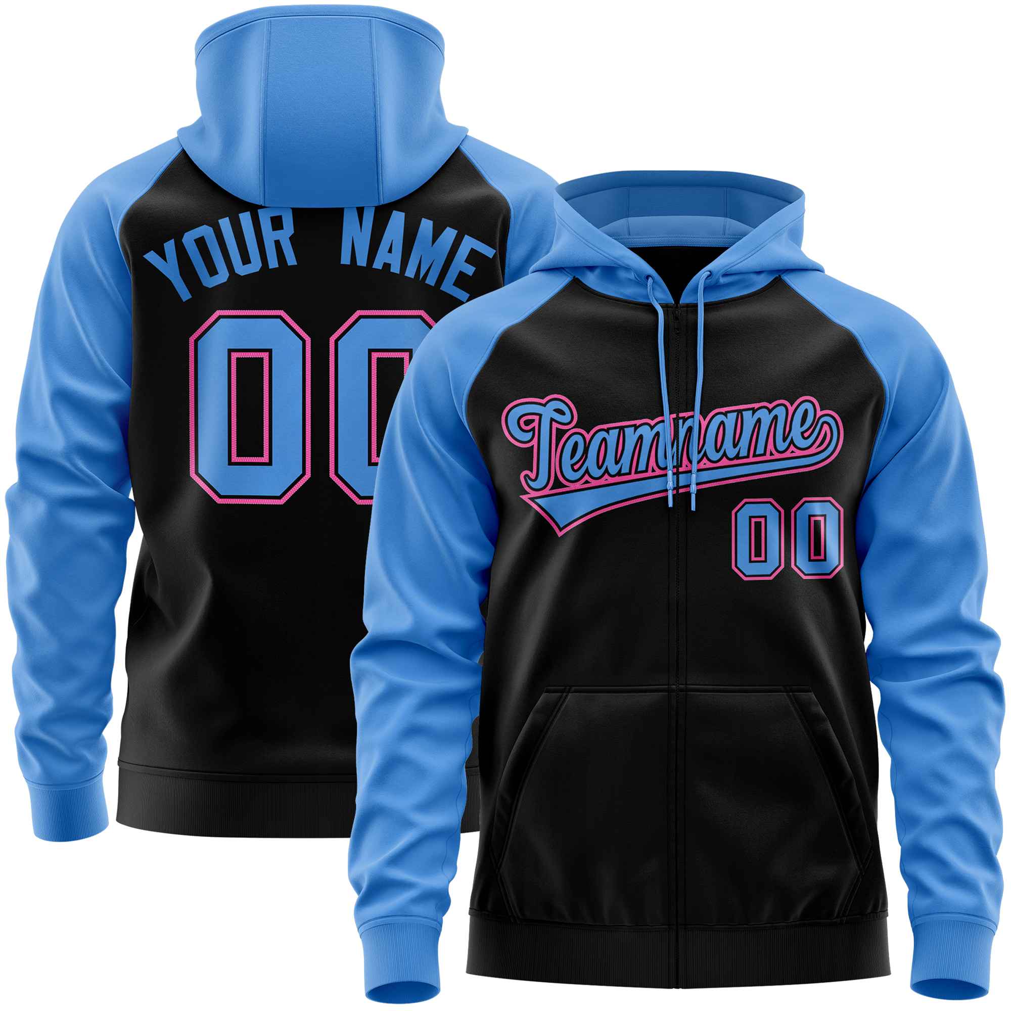 Custom Stitched Black Powder Blue Raglan Sleeves Sports Full-Zip Sweatshirt Hoodie