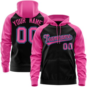 Custom Stitched Black Pink Raglan Sleeves Sports Full-Zip Sweatshirt Hoodie