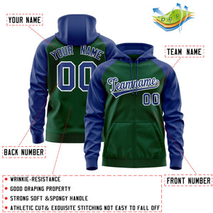 Custom Stitched Green Royal-White Raglan Sleeves Sports Full-Zip Sweatshirt Hoodie