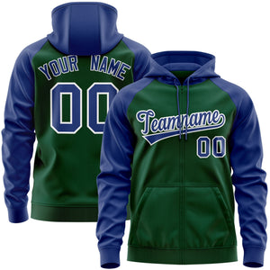 Custom Stitched Green Royal-White Raglan Sleeves Sports Full-Zip Sweatshirt Hoodie