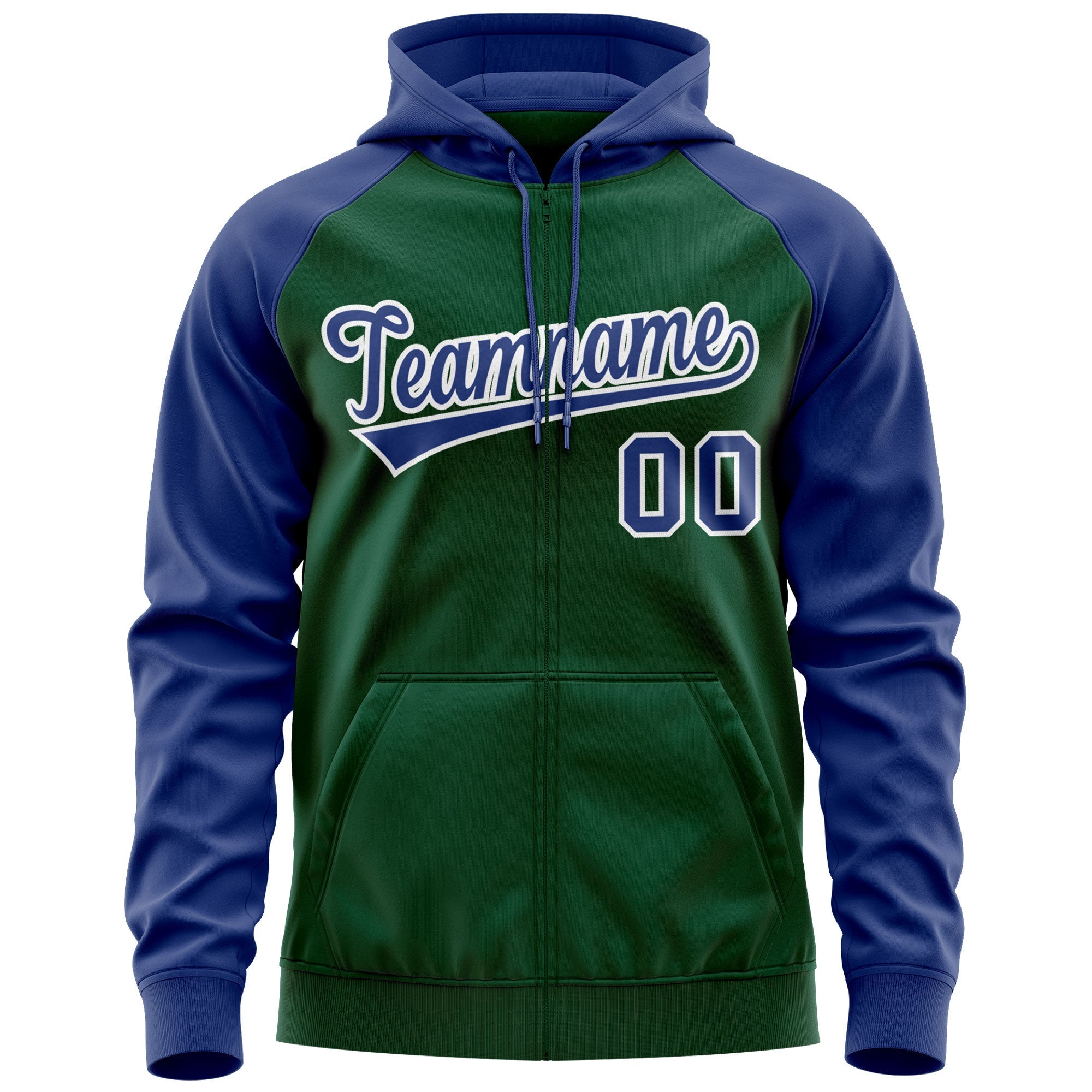 Custom Stitched Green Royal-White Raglan Sleeves Sports Full-Zip Sweatshirt Hoodie