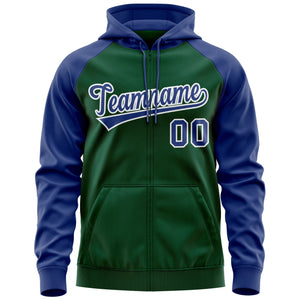 Custom Stitched Green Royal-White Raglan Sleeves Sports Full-Zip Sweatshirt Hoodie