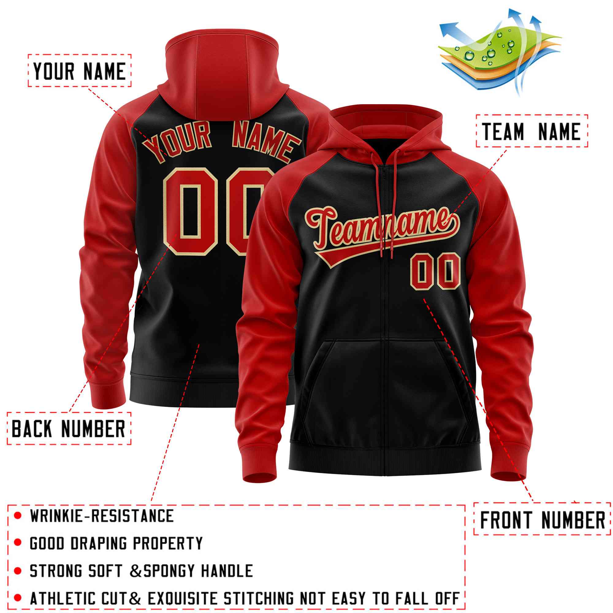 Custom Stitched Black Red Raglan Sleeves Sports Full-Zip Sweatshirt Hoodie