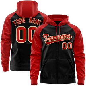 Custom Stitched Black Red Raglan Sleeves Sports Full-Zip Sweatshirt Hoodie