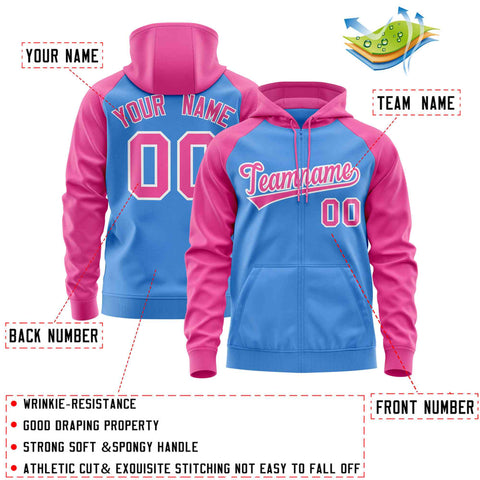 Custom Stitched Powder Blue Pink Raglan Sleeves Sports Full-Zip Sweatshirt Hoodie