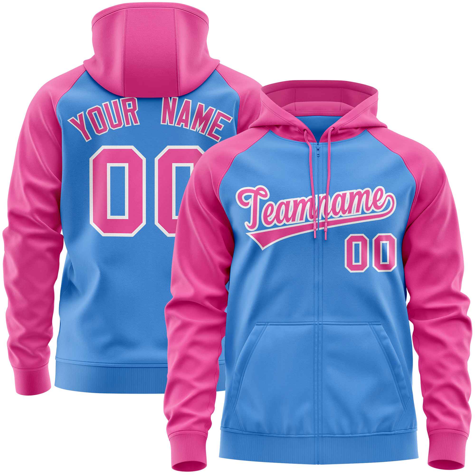 Custom Stitched Powder Blue Pink Raglan Sleeves Sports Full-Zip Sweatshirt Hoodie