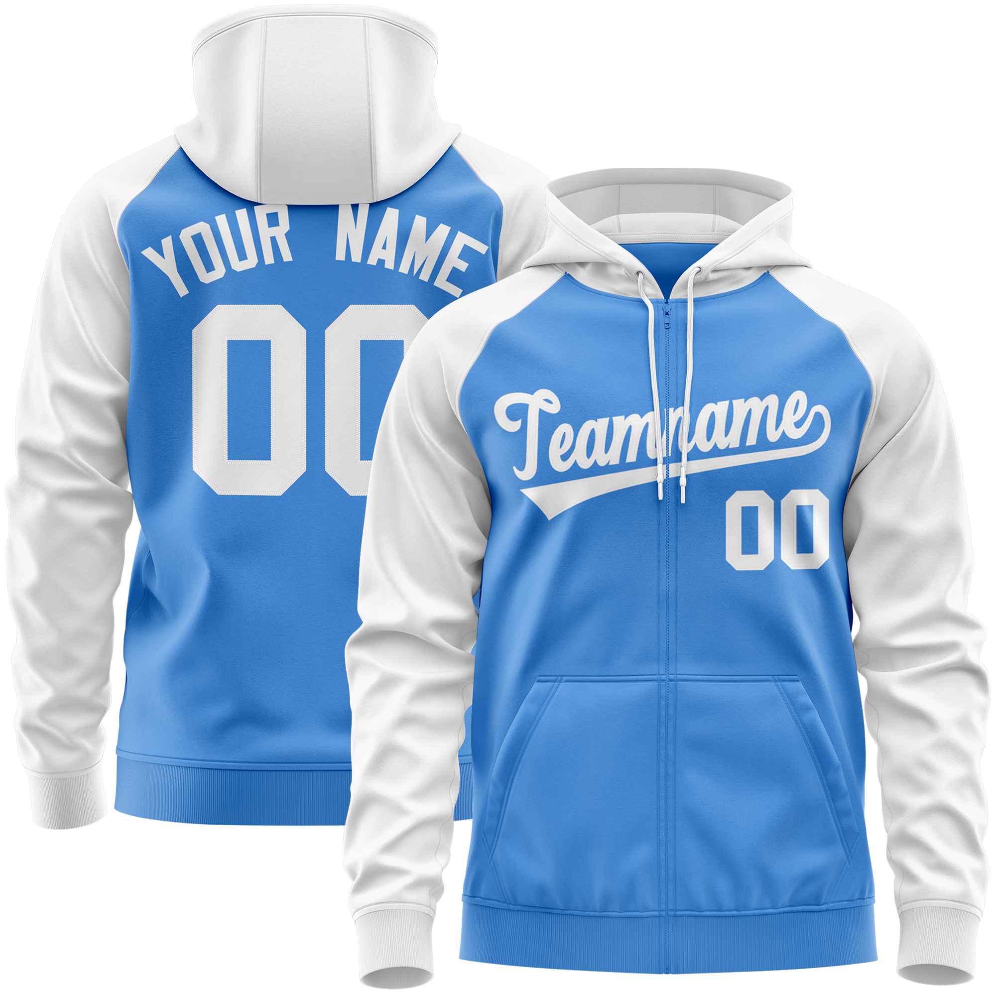 Custom Stitched Powder Blue White Raglan Sleeves Sports Full-Zip Sweatshirt Hoodie