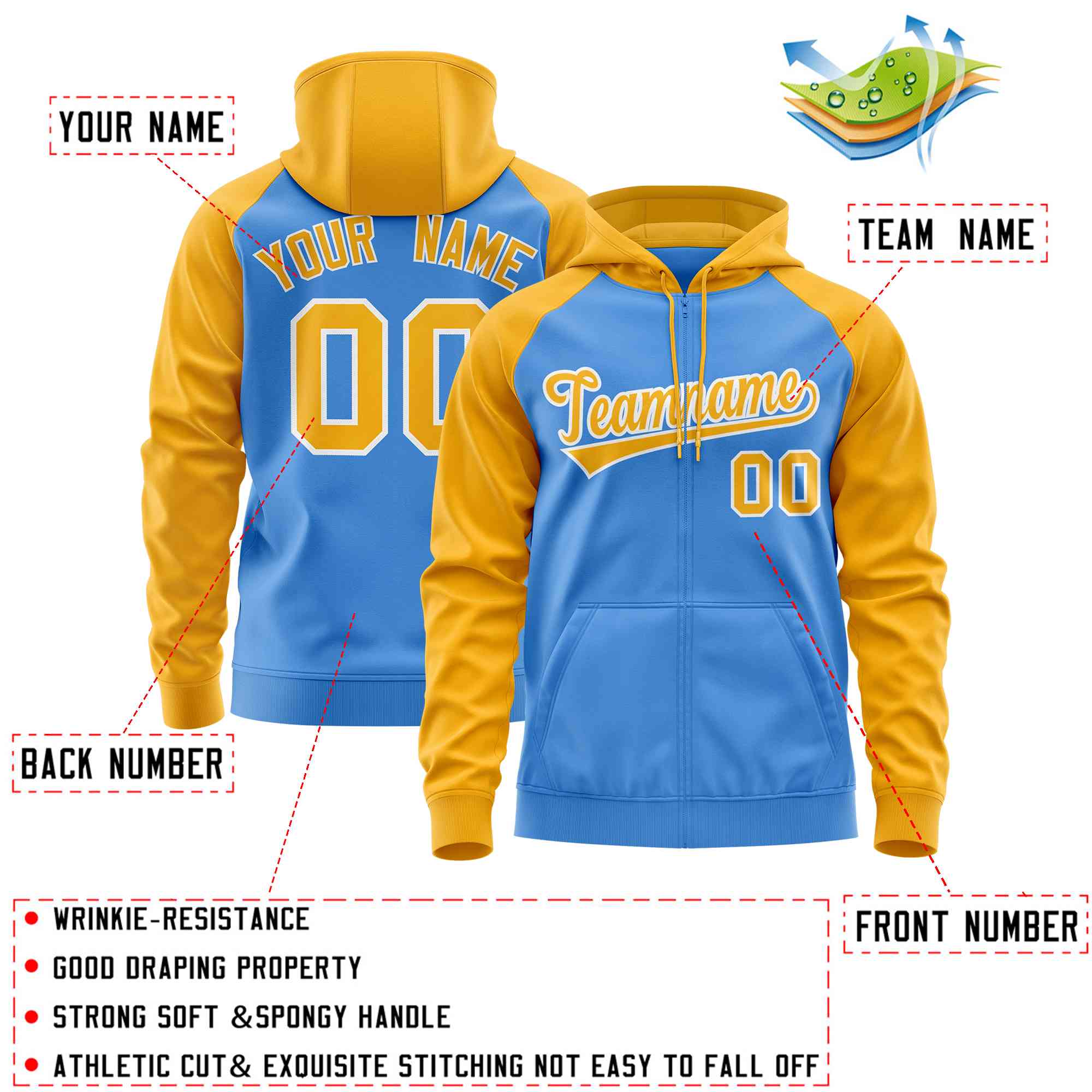 Custom Stitched Powder Blue Gold Raglan Sleeves Sports Full-Zip Sweatshirt Hoodie