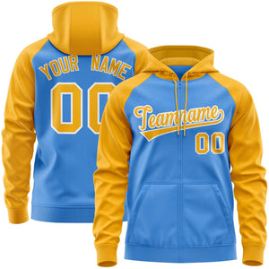 Custom Stitched Powder Blue Gold Raglan Sleeves Sports Full-Zip Sweatshirt Hoodie