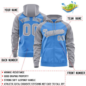 Custom Stitched Powder Blue Light Gray Raglan Sleeves Sports Full-Zip Sweatshirt Hoodie