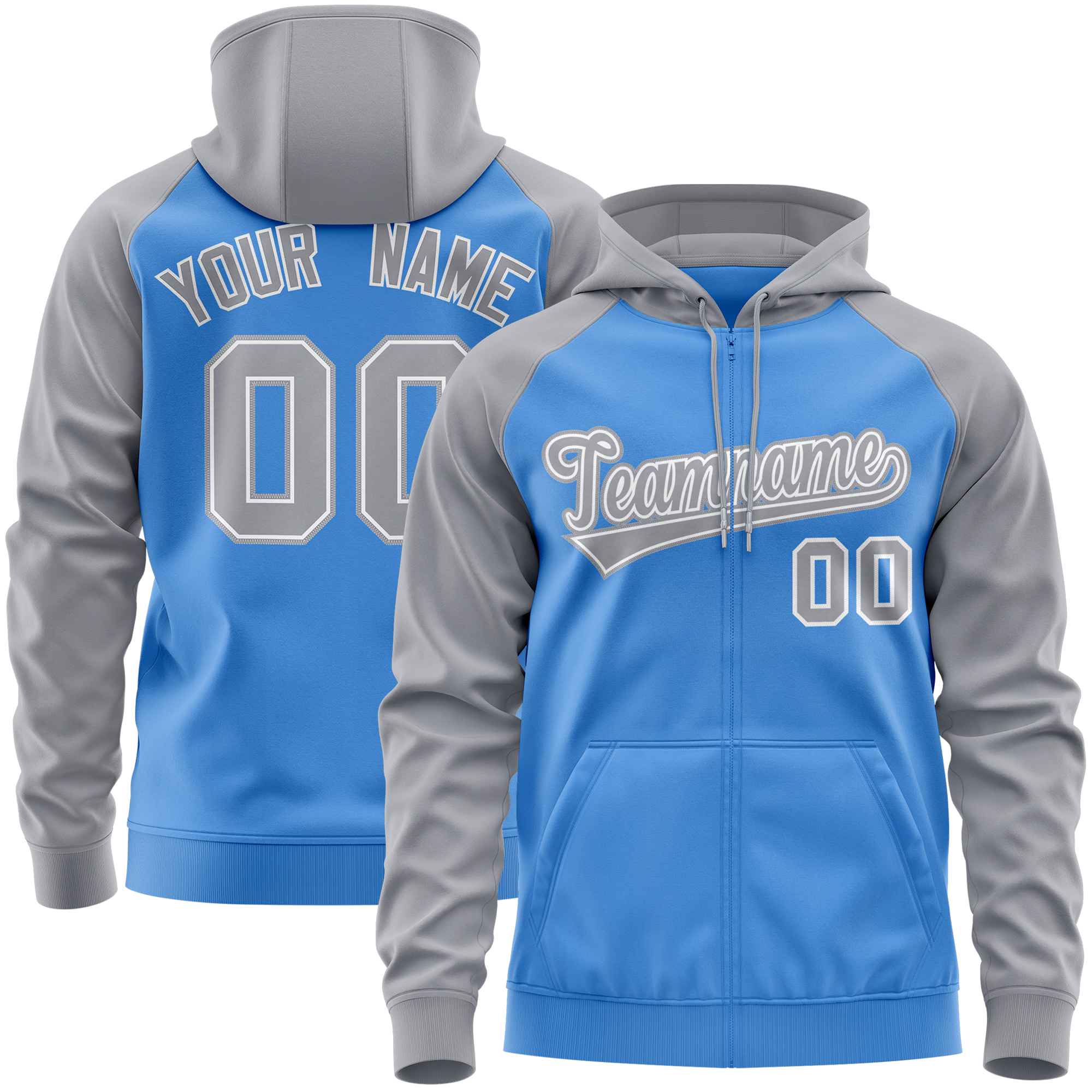 Custom Stitched Powder Blue Light Gray Raglan Sleeves Sports Full-Zip Sweatshirt Hoodie