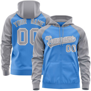 Custom Stitched Powder Blue Light Gray Raglan Sleeves Sports Full-Zip Sweatshirt Hoodie