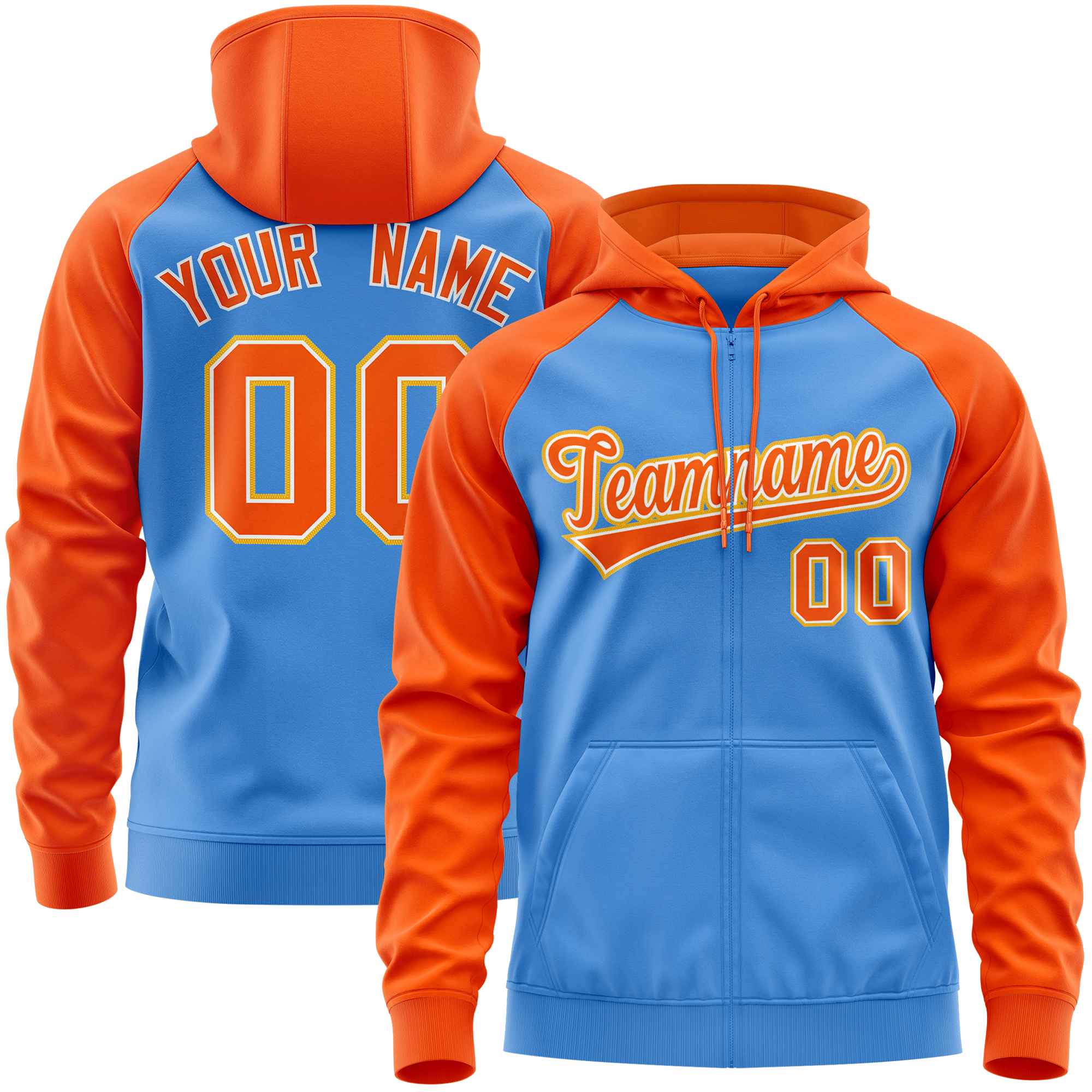 Custom Stitched Powder Blue Orange Raglan Sleeves Sports Full-Zip Sweatshirt Hoodie