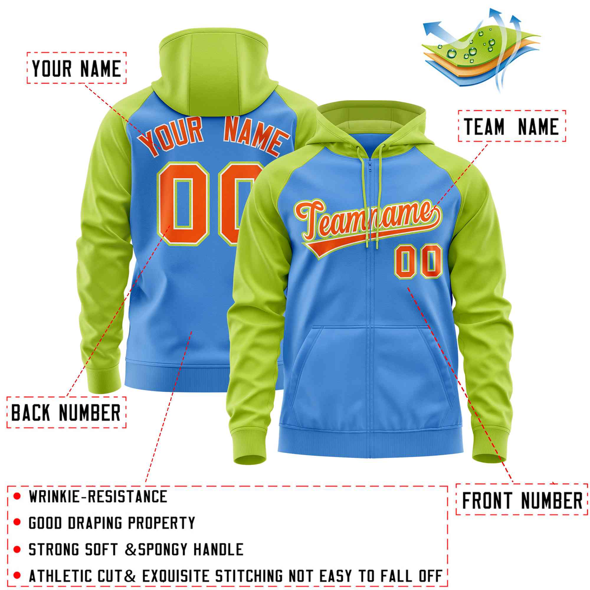 Custom Stitched Powder Blue Neon Green-Orange Raglan Sleeves Sports Full-Zip Sweatshirt Hoodie