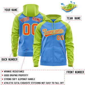 Custom Stitched Powder Blue Neon Green-Orange Raglan Sleeves Sports Full-Zip Sweatshirt Hoodie