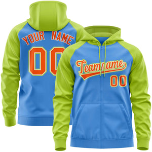 Custom Stitched Powder Blue Neon Green-Orange Raglan Sleeves Sports Full-Zip Sweatshirt Hoodie