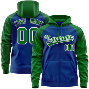 Custom Stitched Royal Kelly Green Raglan Sleeves Sports Full-Zip Sweatshirt Hoodie