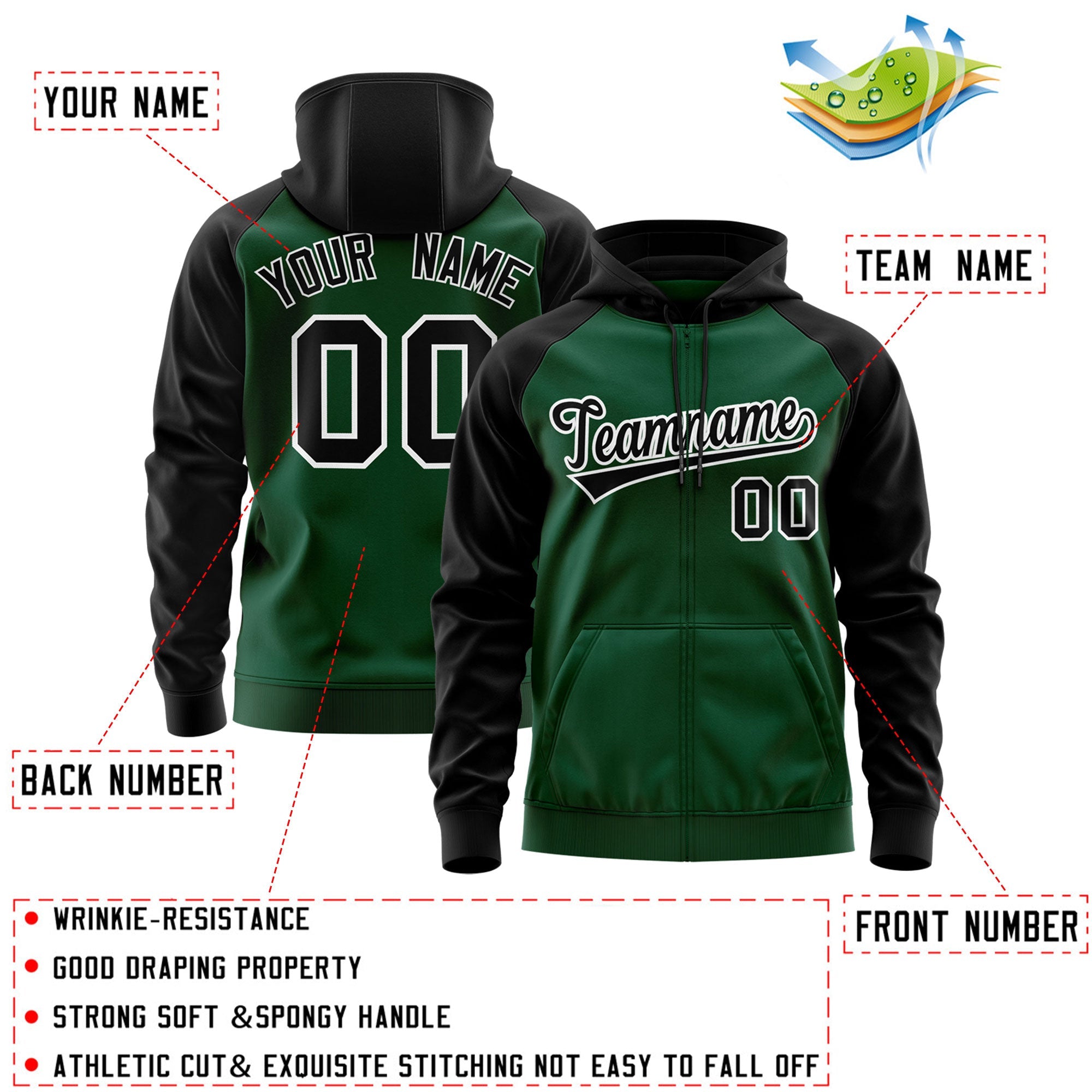 Custom Stitched Green Black-White Raglan Sleeves Sports Full-Zip Sweatshirt Hoodie