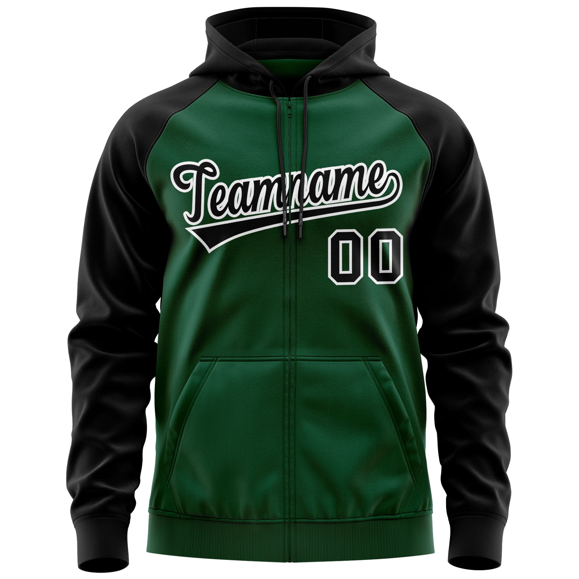 Custom Stitched Green Black-White Raglan Sleeves Sports Full-Zip Sweatshirt Hoodie