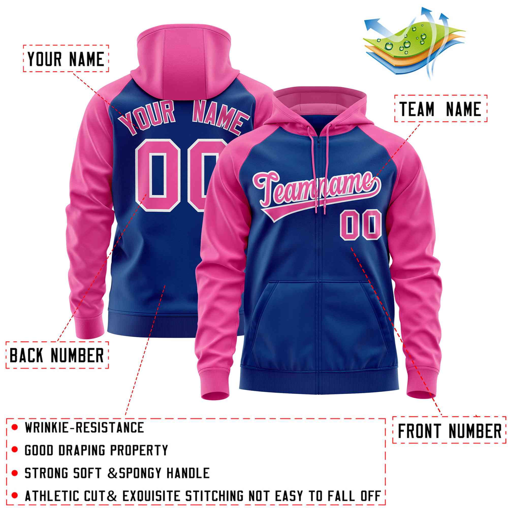 Custom Stitched Royal Pink Raglan Sleeves Sports Full-Zip Sweatshirt Hoodie