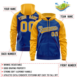 Custom Stitched Royal Gold Raglan Sleeves Sports Full-Zip Sweatshirt Hoodie