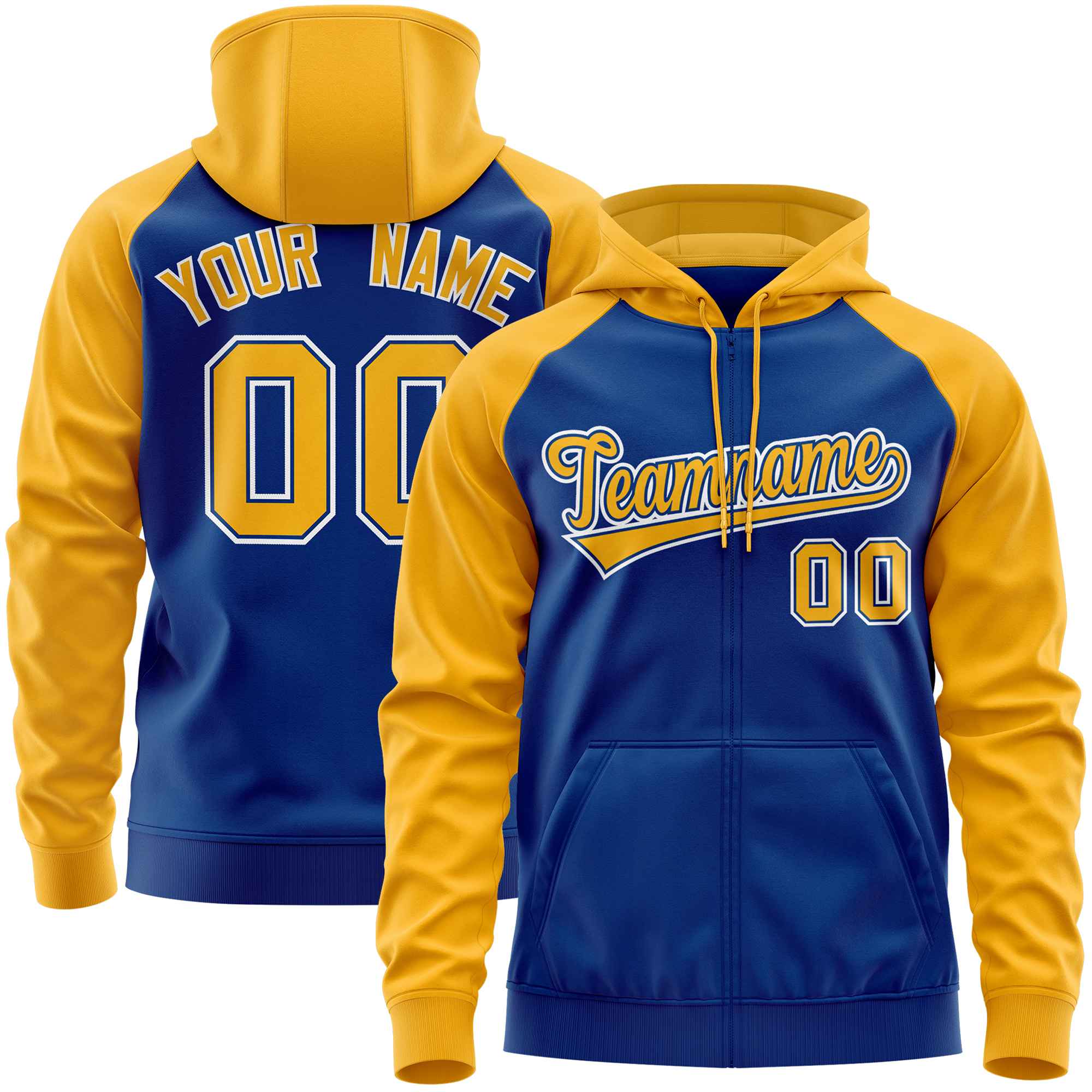 Custom Stitched Royal Gold Raglan Sleeves Sports Full-Zip Sweatshirt Hoodie