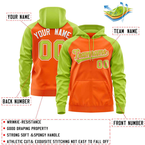Custom Stitched Orange Neon Green Raglan Sleeves Sports Full-Zip Sweatshirt Hoodie