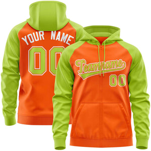 Custom Stitched Orange Neon Green Raglan Sleeves Sports Full-Zip Sweatshirt Hoodie