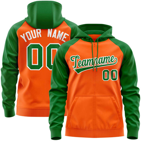 Custom Stitched Orange Kelly Green Raglan Sleeves Sports Full-Zip Sweatshirt Hoodie