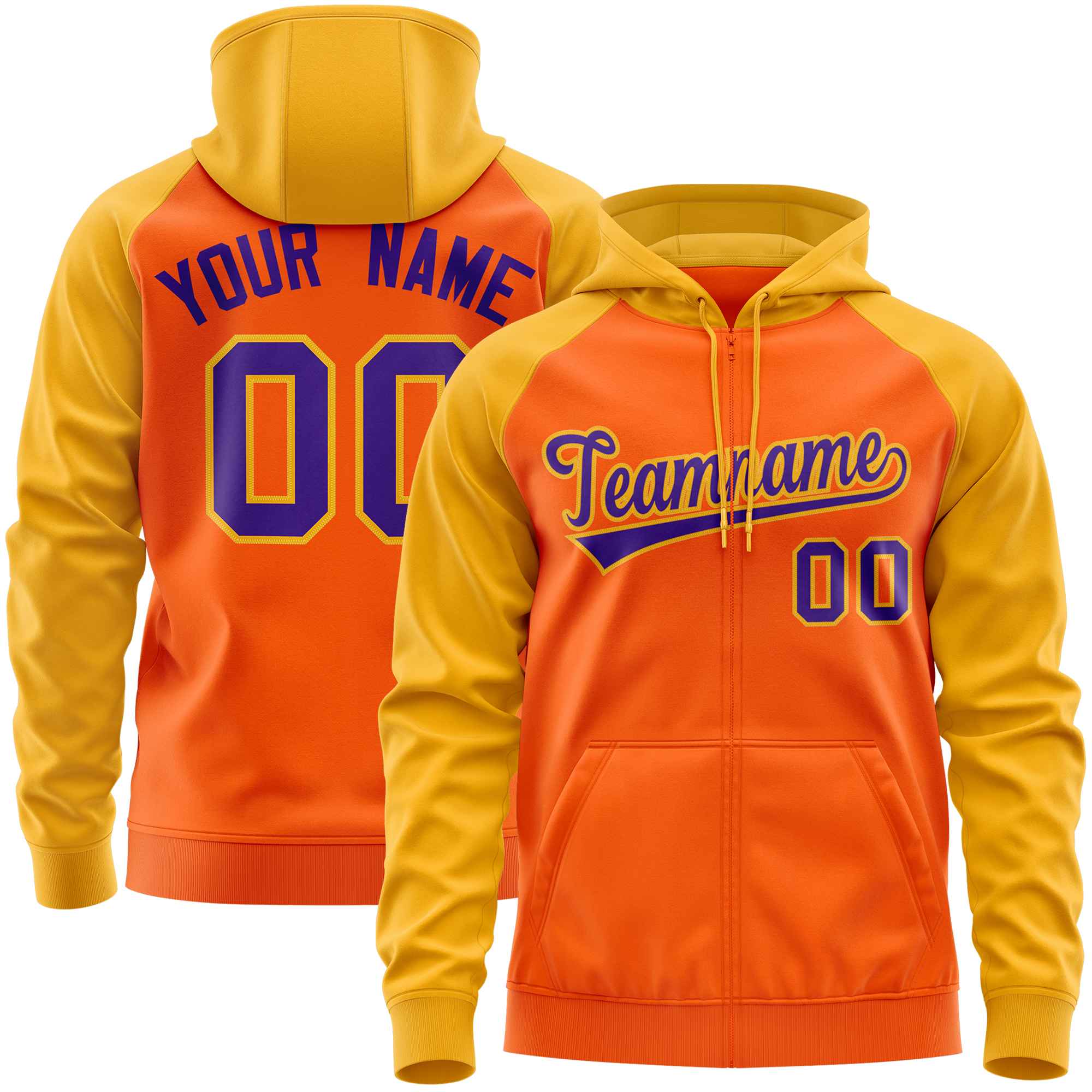 Custom Stitched Orange Gold-Purple Raglan Sleeves Sports Full-Zip Sweatshirt Hoodie