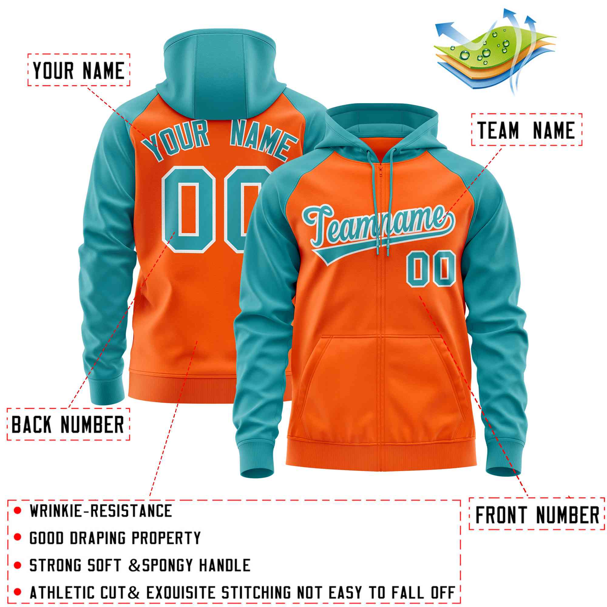 Custom Stitched Orange Aqua Raglan Sleeves Sports Full-Zip Sweatshirt Hoodie