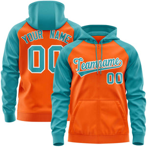 Custom Stitched Orange Aqua Raglan Sleeves Sports Full-Zip Sweatshirt Hoodie