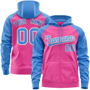 Custom Stitched Pink Powder Blue Raglan Sleeves Sports Full-Zip Sweatshirt Hoodie