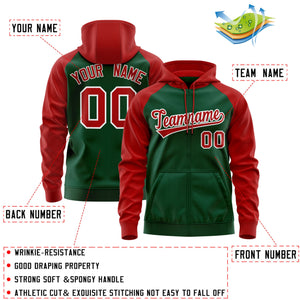 Custom Stitched Green Red-White Raglan Sleeves Sports Full-Zip Sweatshirt Hoodie