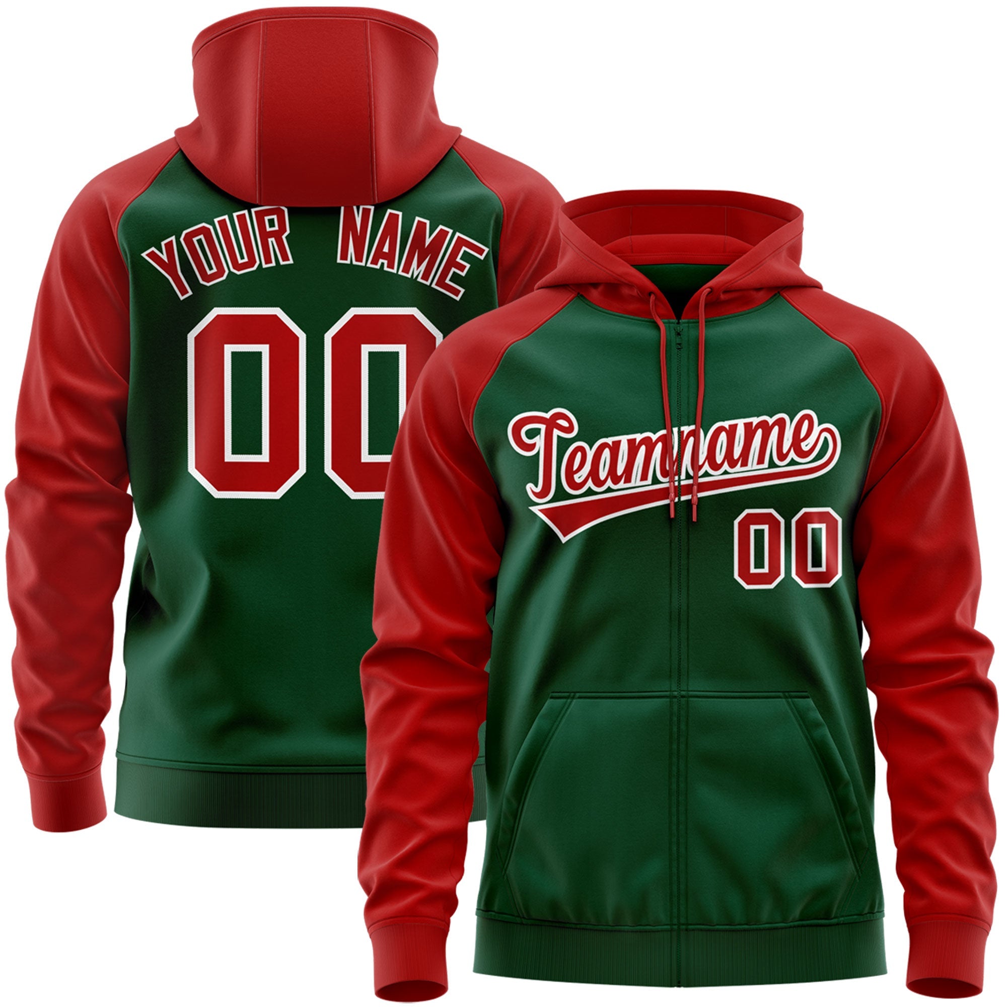 Custom Stitched Green Red-White Raglan Sleeves Sports Full-Zip Sweatshirt Hoodie