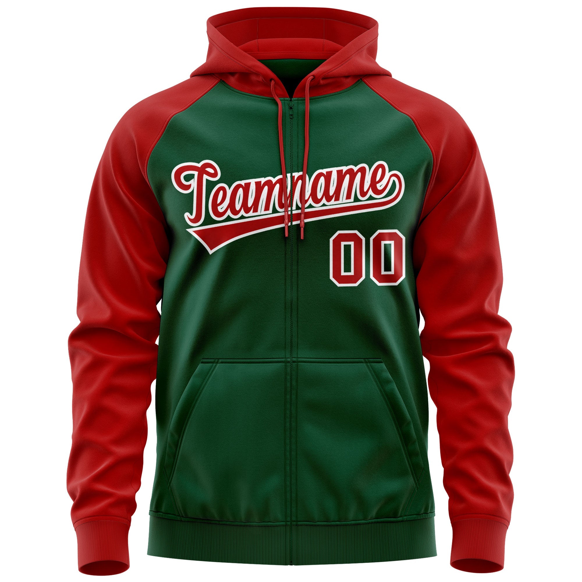 Custom Stitched Green Red-White Raglan Sleeves Sports Full-Zip Sweatshirt Hoodie