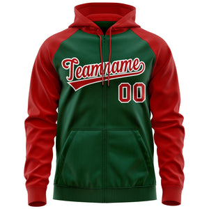 Custom Stitched Green Red-White Raglan Sleeves Sports Full-Zip Sweatshirt Hoodie