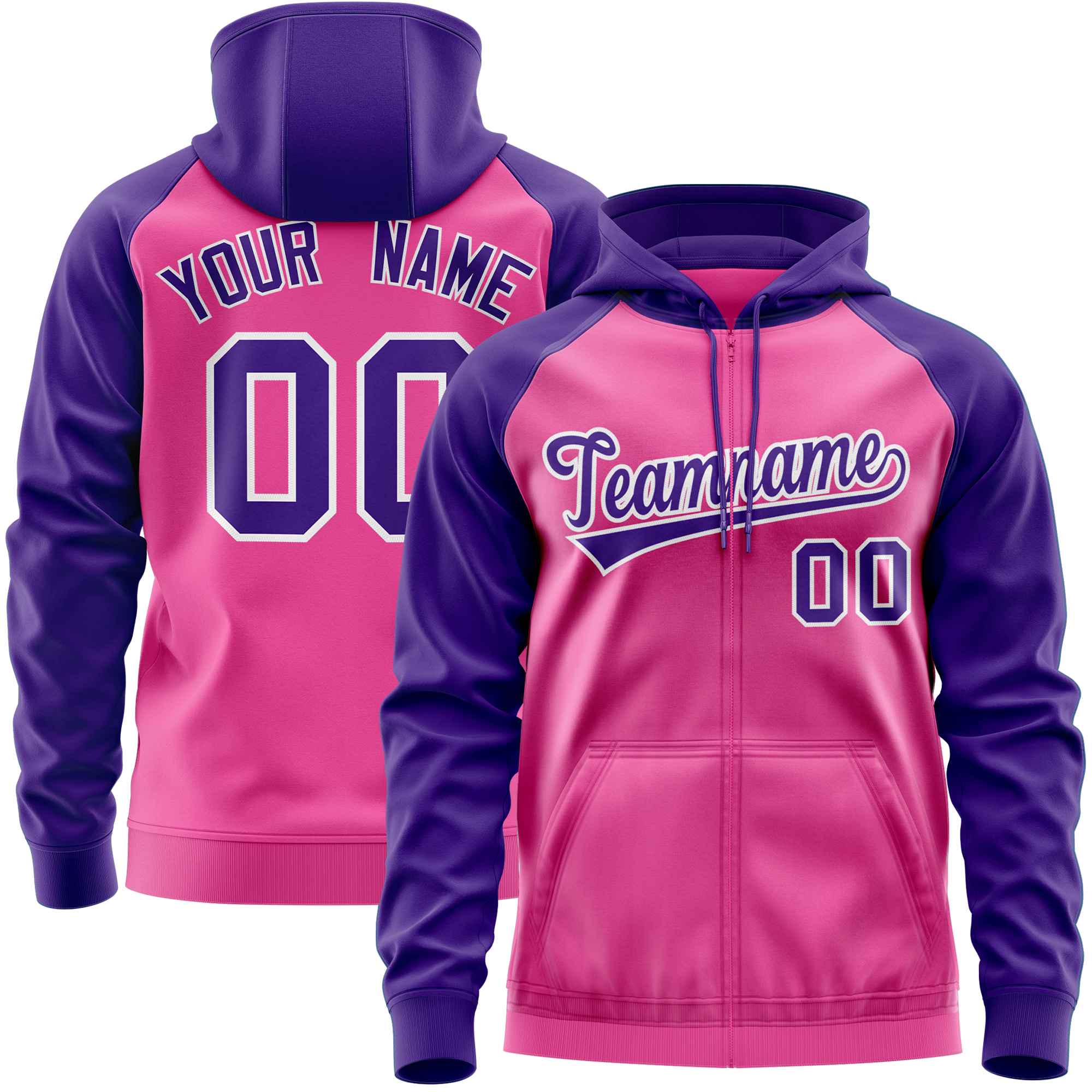 Custom Stitched Pink Purple Raglan Sleeves Sports Full-Zip Sweatshirt Hoodie