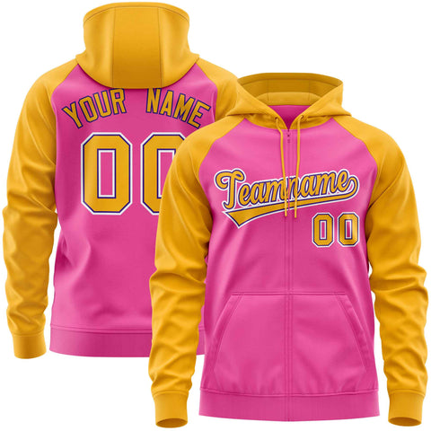 Custom Stitched Pink Gold Raglan Sleeves Sports Full-Zip Sweatshirt Hoodie