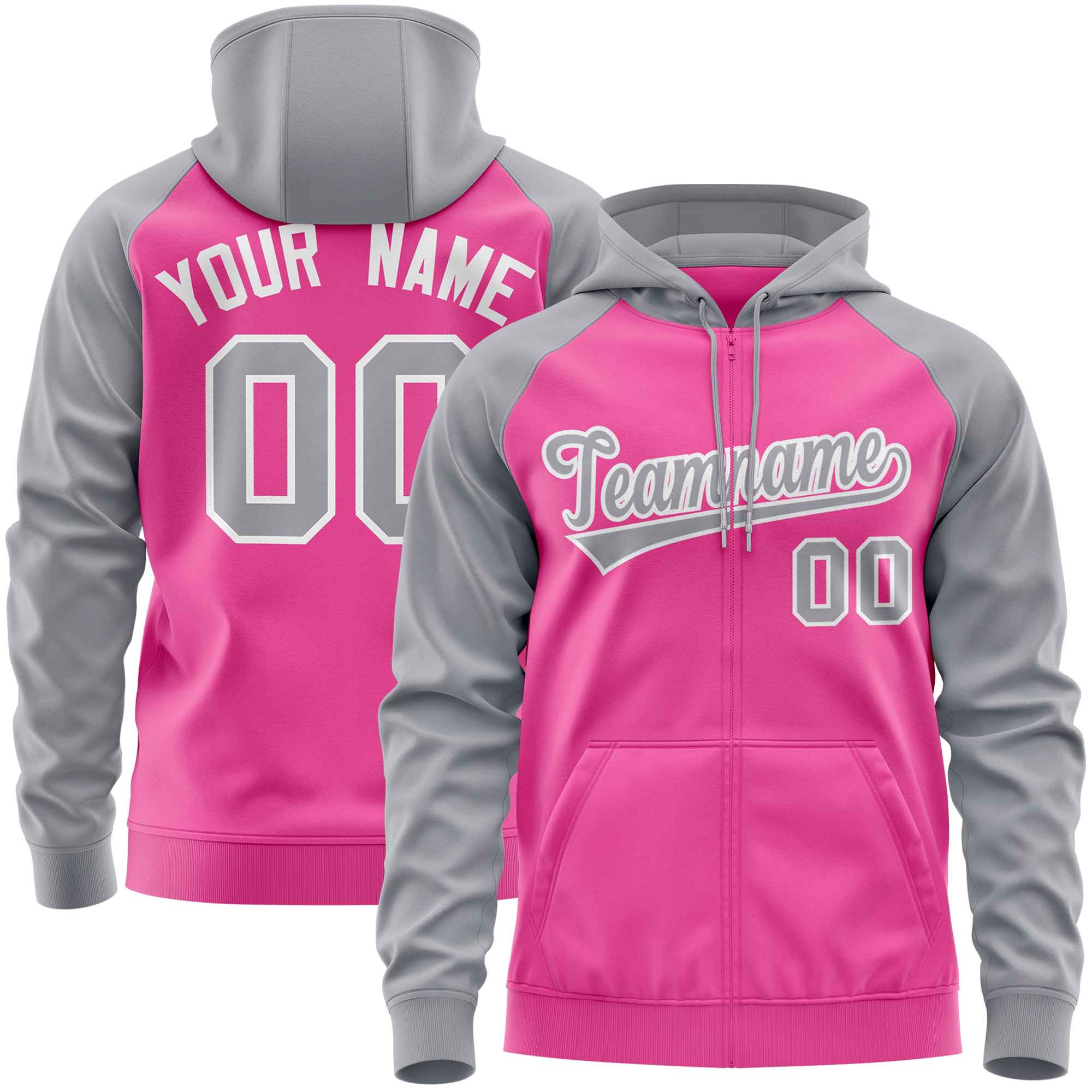 Custom Stitched Pink Light Gray Raglan Sleeves Sports Full-Zip Sweatshirt Hoodie