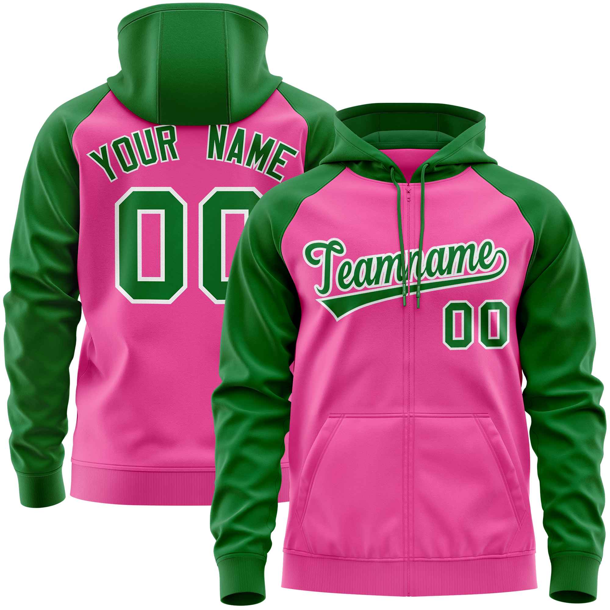 Custom Stitched Pink Kelly Green Raglan Sleeves Sports Full-Zip Sweatshirt Hoodie