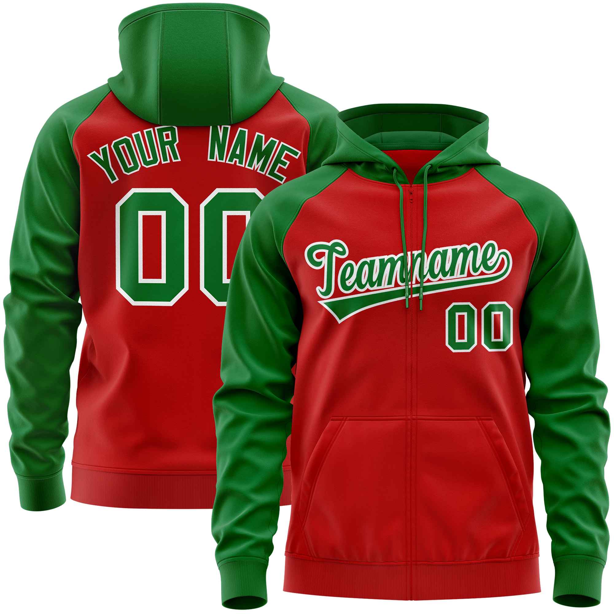 Custom Stitched Red Kelly Green Raglan Sleeves Sports Full-Zip Sweatshirt Hoodie