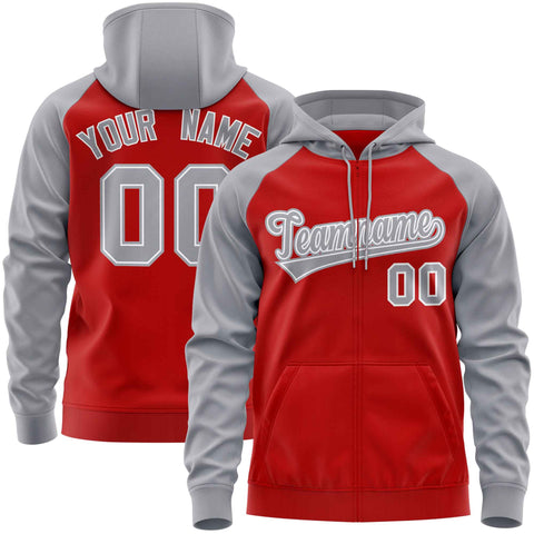 Custom Stitched Red Light Gray Raglan Sleeves Sports Full-Zip Sweatshirt Hoodie