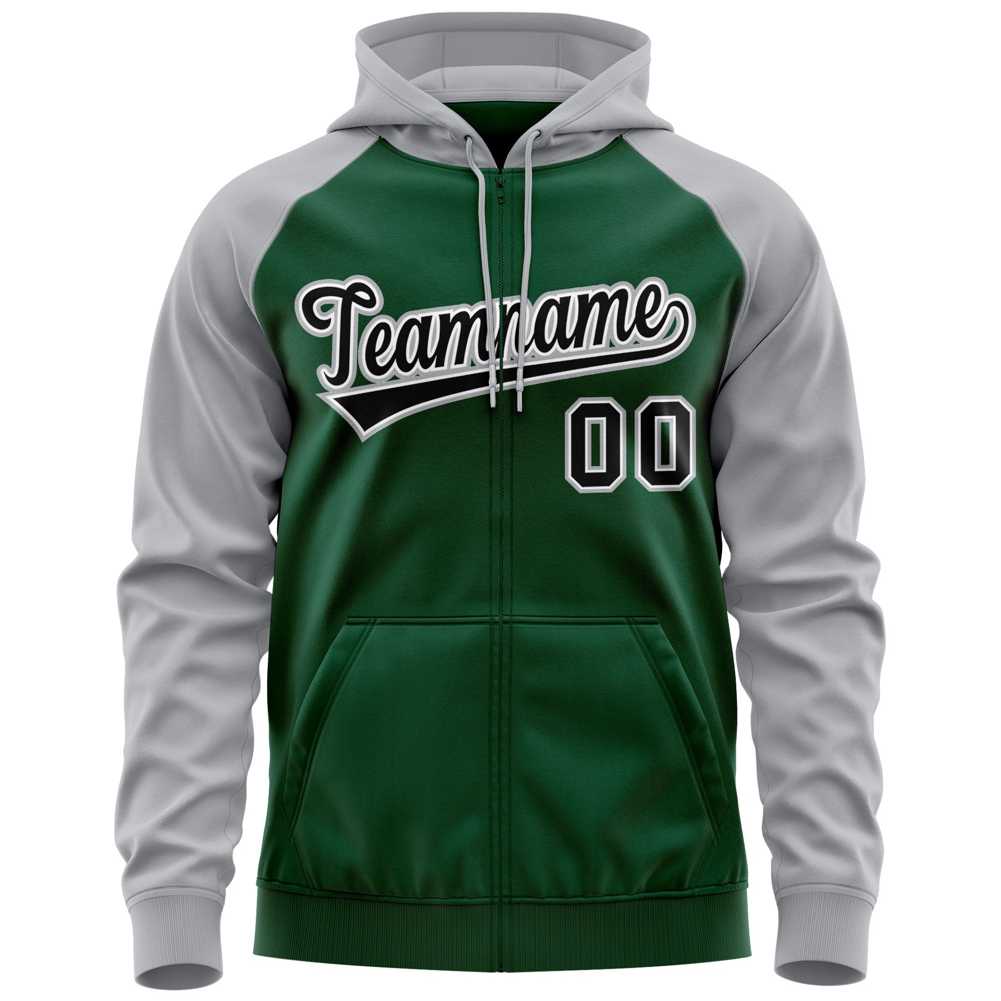 Custom Stitched Green Black-Gray Raglan Sleeves Sports Full-Zip Sweatshirt Hoodie