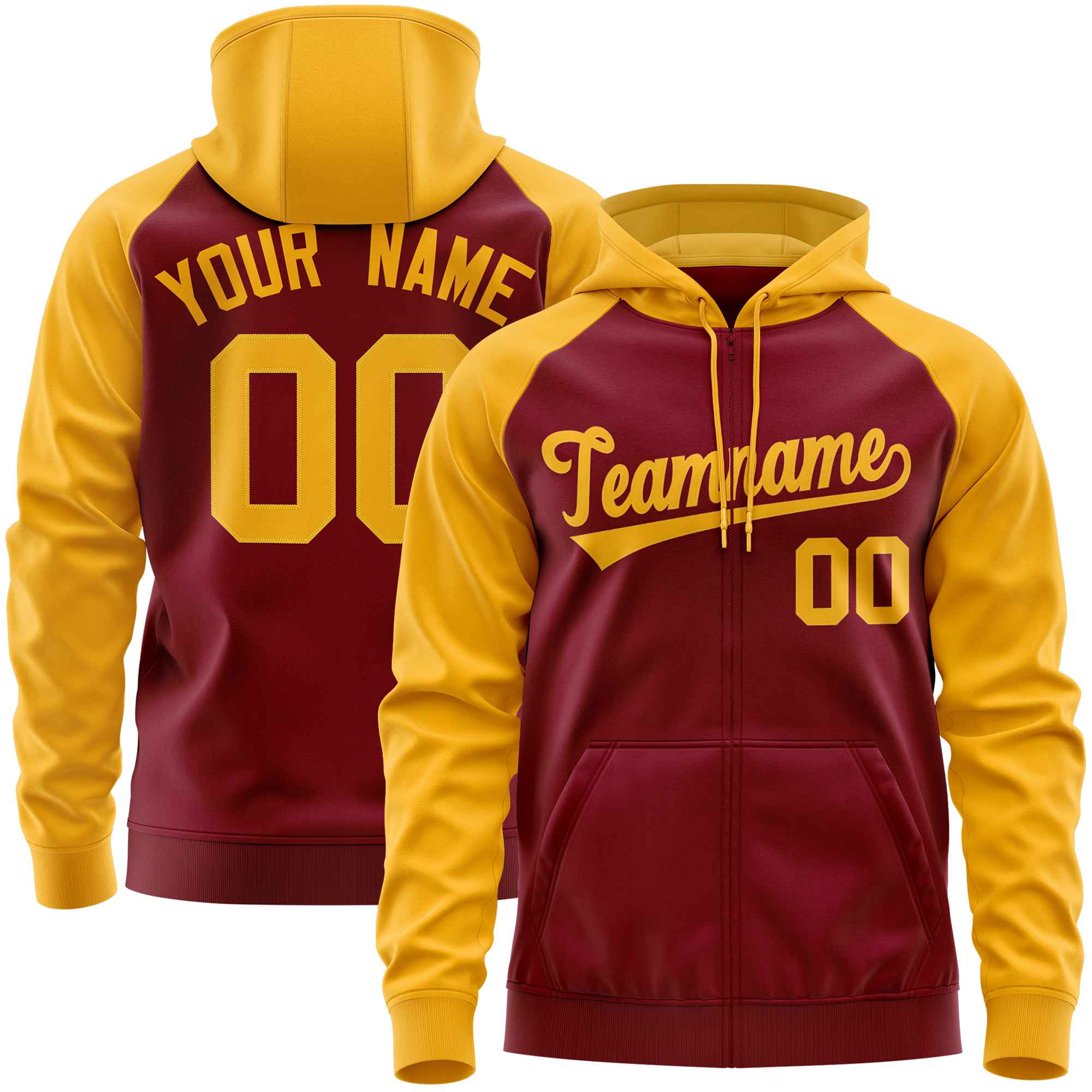 Custom Stitched Crimson Gold Raglan Sleeves Sports Full-Zip Sweatshirt Hoodie