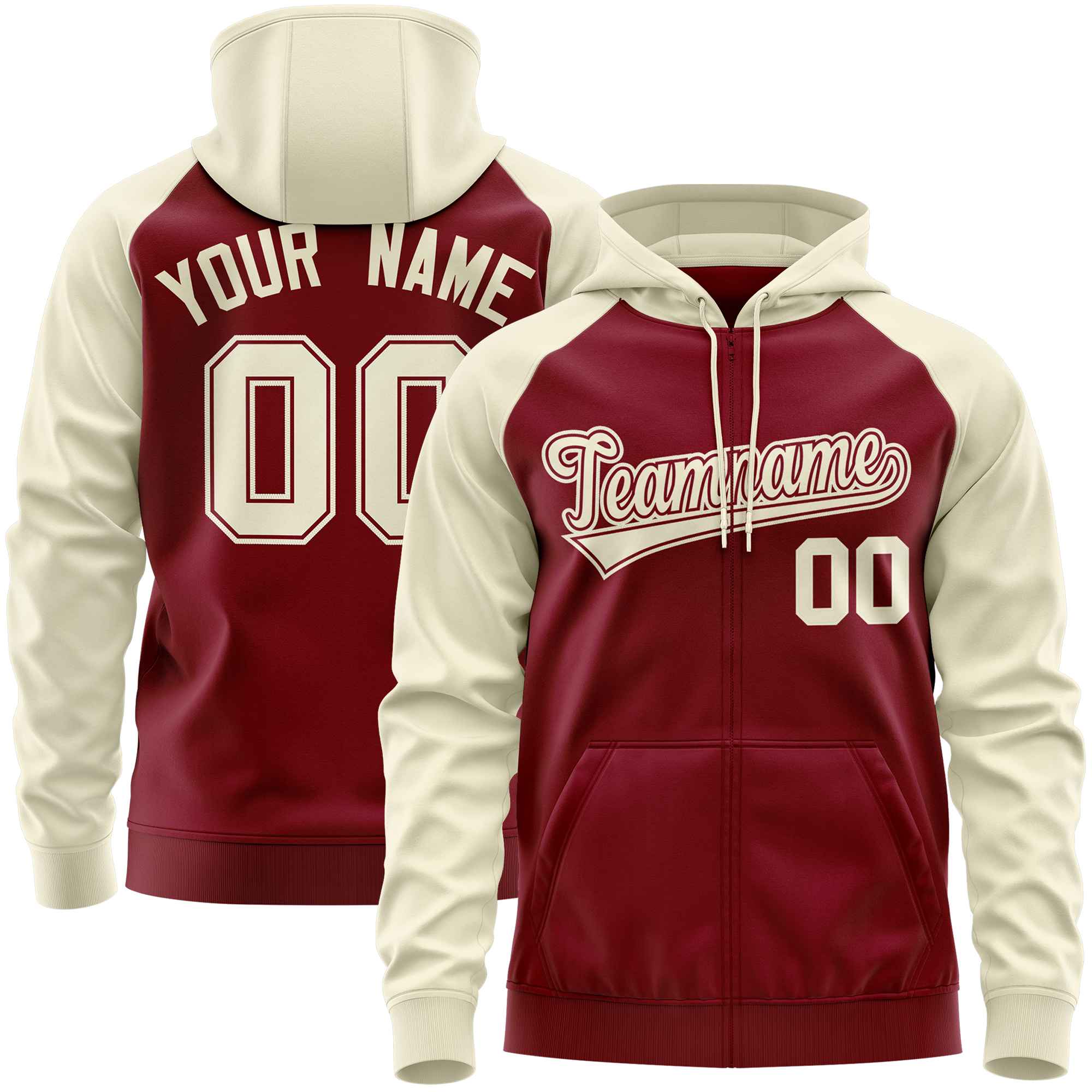 Custom Stitched Crimson Cream Raglan Sleeves Sports Full-Zip Sweatshirt Hoodie