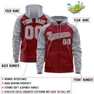 Custom Stitched Crimson Light Gray Raglan Sleeves Sports Full-Zip Sweatshirt Hoodie