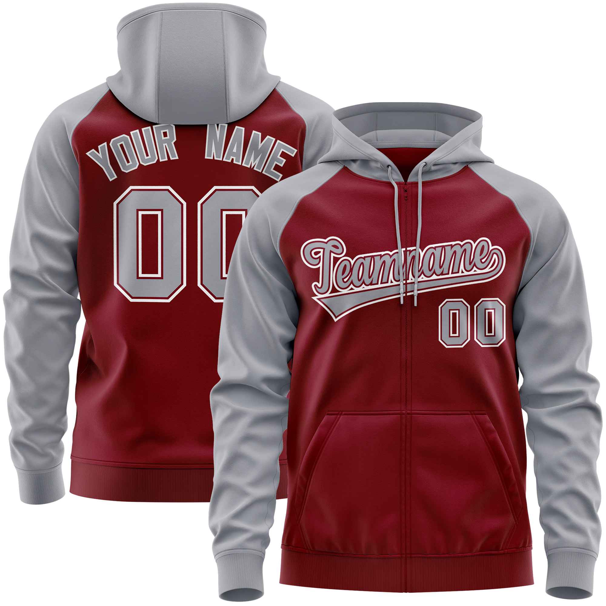 Custom Stitched Crimson Light Gray Raglan Sleeves Sports Full-Zip Sweatshirt Hoodie